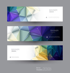 Fototapeta premium Vector abstract banners set with polygonal, Triangle pattern shape and molecule structure. Low poly banner with connecting dots and lines. Polygon vector background for web banner template or brochure