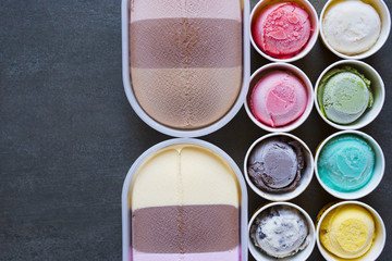 Top view Ice cream flavors in cup on blackground