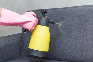 Naklejka premium Chemical spray on the textile sofa. Professionally chemical cleaning. Upholstered furniture. Early spring cleaning or regular clean up.