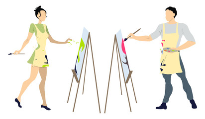 Two artists painting on white background