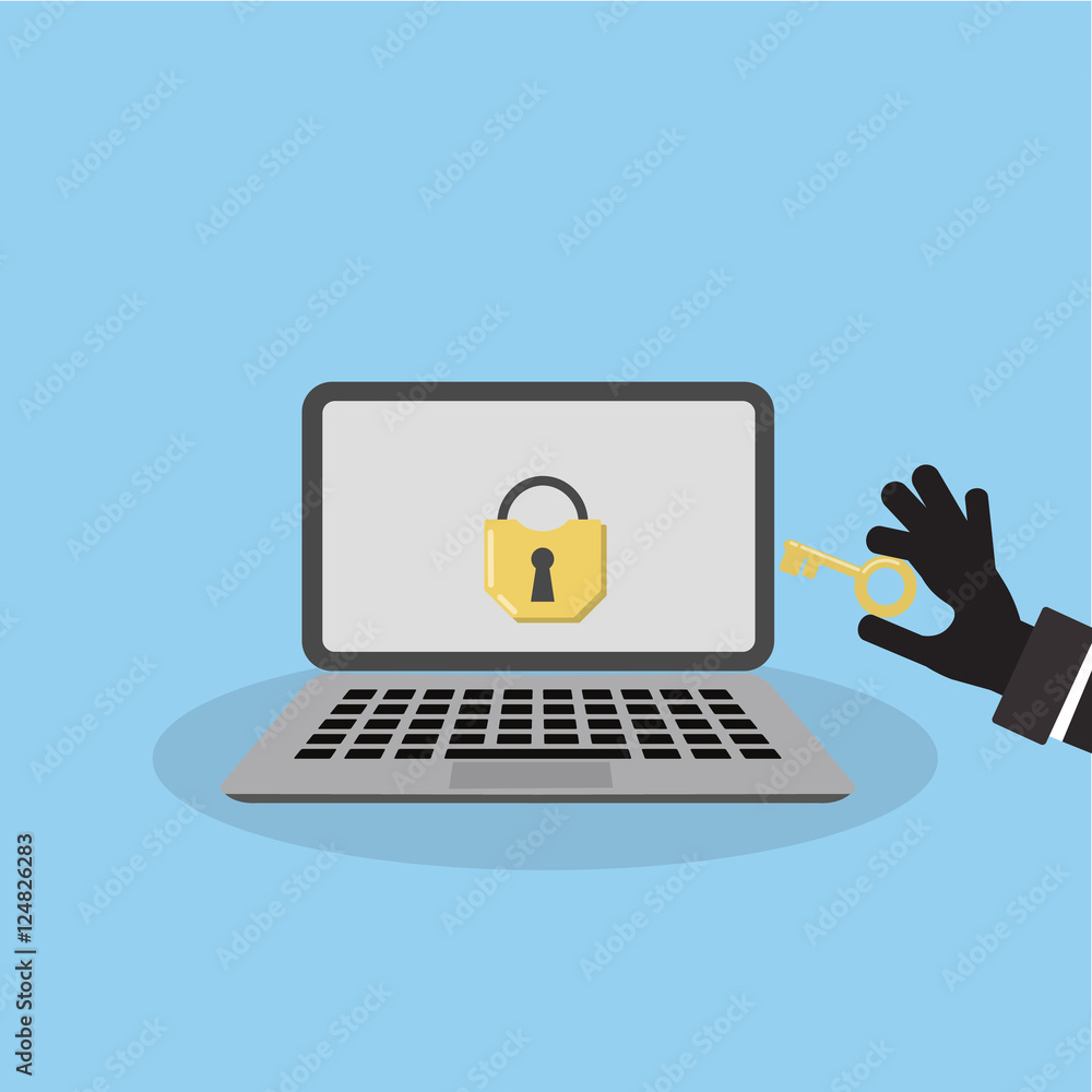 Aufkleber concept of hacking. isolated laptop with lock on the screen and a hand of the robber with a key.