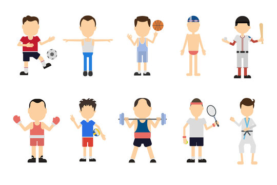 Isolated sport set on white background. Different kinds of sport like volleyball, boxing, swimming, basketball and more.