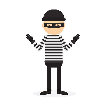 Isolated criminal person on white background. Cartoon robber or thief with striped outfit and mask.