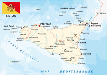 Obraz premium Road map of the italian mediterranean island Sicily with flag
