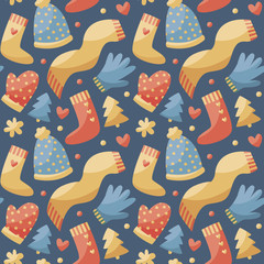 Seamless cute winter christmas pattern made with  clothes, hat, scarf, gloves, mittens, heart,  tree