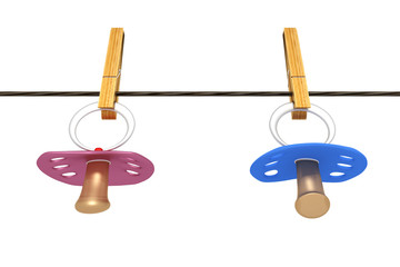 Baby pacifier hanging on the clothesline, 3d illustration