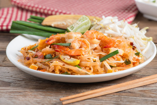 Thai Fried Noodles "Pad Thai" with shrimp and vegetables.