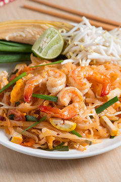 Close up, Thai Fried Noodles "Pad Thai" with shrimp and vegetabl