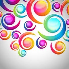 Abstract colorful spiral arc-drop pattern on a light background.