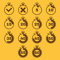 The stopwatch icon, set of 14 icons. Clock and watch, timer, countdown, stopwatch symbol. UI. Web. Logo. Sign. Flat design. App.