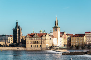 Naklejka premium Buildings and Streets near Vltava River in Prague, Czech Republi