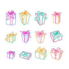 Set of vector outline gift icons. Multicolor boxes with ribbons, isolated illustration. Trendy design elements for holiday greeting card, gift shop, voucher, flyer, banner.