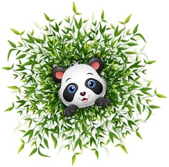 Cute baby panda smiling with lots of bamboo leaf isolated white background