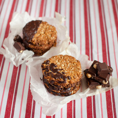 Stacked chip cookies on napkin