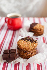 Stacked chip cookies on napkin