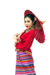 Thai women with traditional Thai lanna suit isolate white backgr