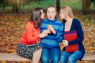 Friends telling secrets. Three attractive girls gossiping while sitting on bench in autumn park.