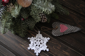 Christmas decorations on wooden dark background