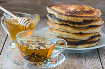 homemade pancakes with honey