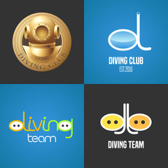 Set of diving, snorkeling vector icons, sign, symbol, emblem, logo