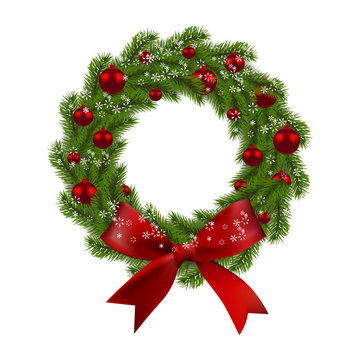 Christmas wreath. Green fir branches with red balls and bow on a white background. Christmas decorations. illustration