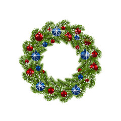Fototapeta na wymiar Christmas wreath. Green fir branches with red and blue balls on white background. Christmas decorations. illustration