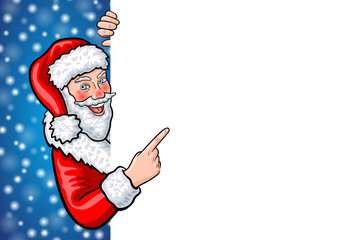 Comic-Zeichnung eines lächelnden Weihnachtsmannes mit Fingerzeig, verschneitem Himmel und Textfreiraum / Vektor