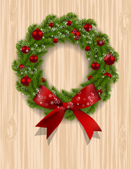 Christmas wreath. Green branch of fir with red balls and ribbon on a background of wood. Christmas decorations on the door. illustration