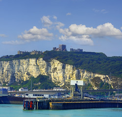 Dover harbor, white Cliffs and castle of Dover, England, United Kingdom