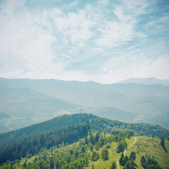 Fototapeta premium Fairy Tale Forest in Retro Style. Paper Vintage Textured. Mountain Landscape, Nature background