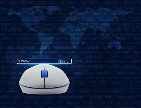 Wireless computer mouse with search www button over computer bin