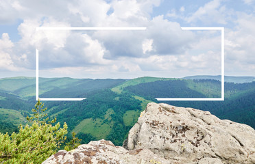 White frame, integrated in the landscape, for your content. Fairy Tale Forest, Mountain Landscape,...