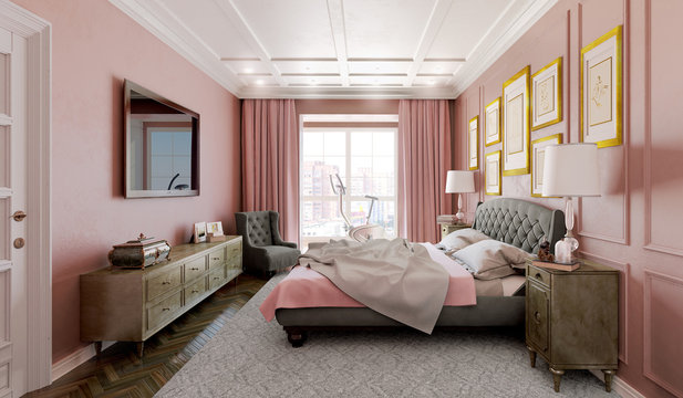 Master bedroom with modern design with pink and brown. 3d illust