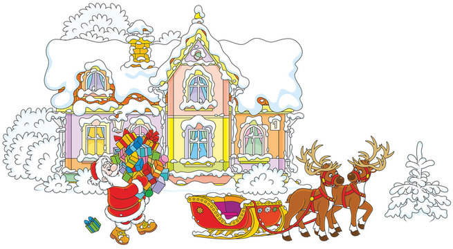 Santa Claus carrying a pile of Christmas presents to a sleigh with reindeers against the background of his house