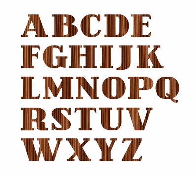 English alphabet, uppercase letters, wood texture, imitation, vector. Vector font, on a white background. Brown letters, imitation wood texture. 