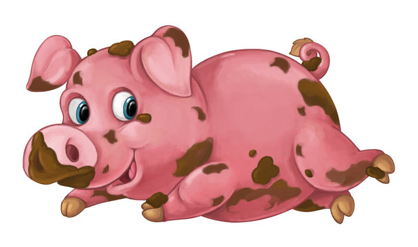 Cartoon happy pig is playing in mud - looking and smiling - artistic style - isolated - illustration for children