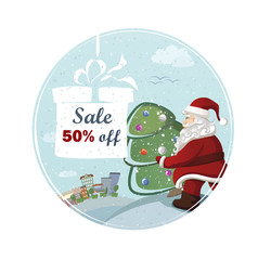 cartoon Santa Claus is carrying the christmas fir tree with holiday text. The concept of holiday sale. 
