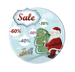cartoon Santa Claus is carrying the christmas fir tree with holiday text. The concept of holiday sale. 