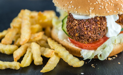 Falafel Burger on a slate slab