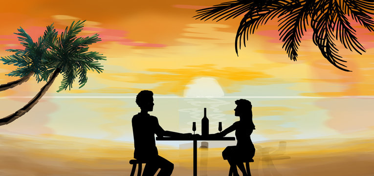 Romantic Couple Dinner At Tropical Sunset Illustration