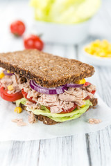 Fresh made Tuna sandwich with wholemeal bread (selective focus)