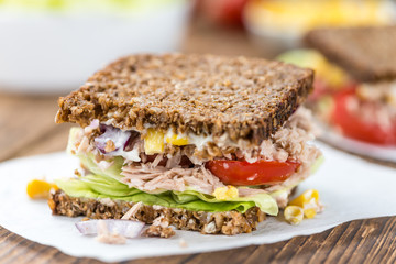 Fresh made Tuna sandwich with wholemeal bread (selective focus)