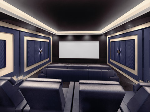 Modern private home cinema system with beamer and canvas and man