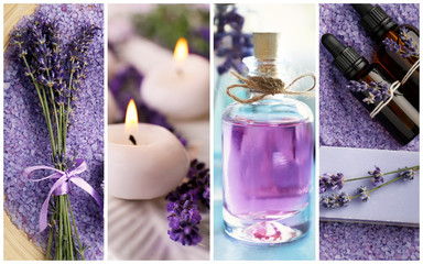 Collage of lavender spa. Beauty treatment concept.