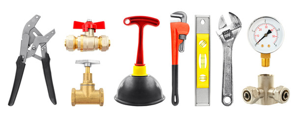 Set of plumbing equipment on white background
