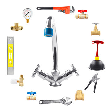 Set of plumbing equipment on white background