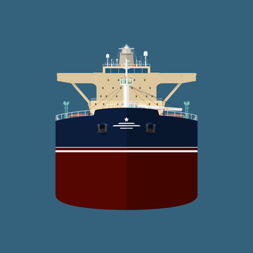 Front View of the Vessel, Oil Tanker, International Freight Transportation, Vessel for the Transportation of Goods, Vector Illustration
