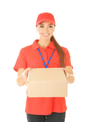 Delivery woman in uniform with parcel on white background