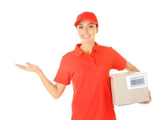 Delivery woman in uniform with parcel on white background