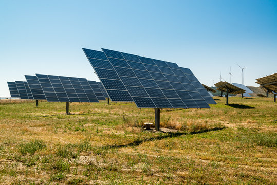 A field of solar panel arrays at the countryside in Spain.